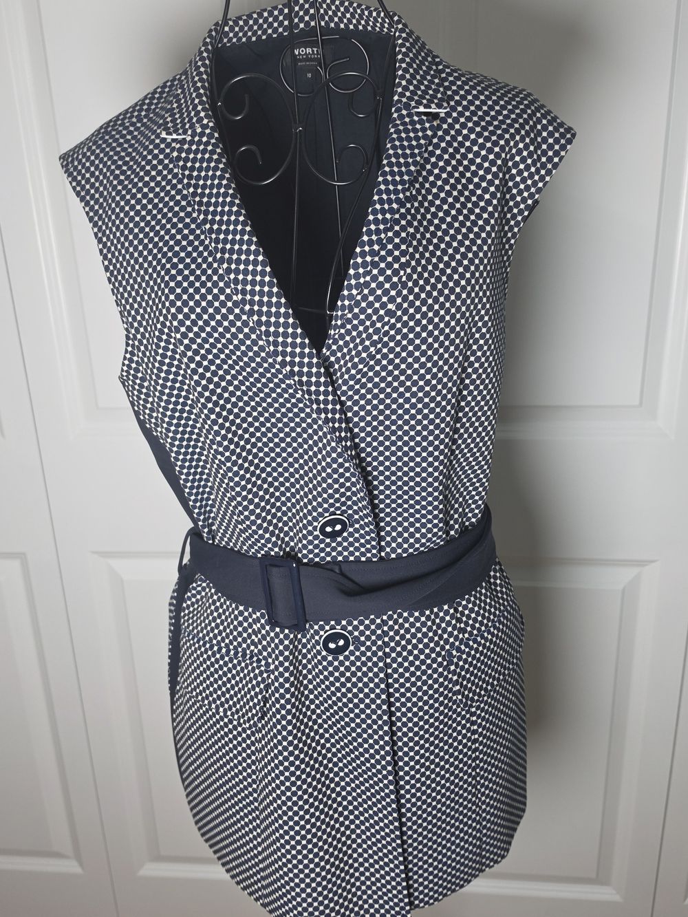 Worth New York Belted Sleeveless Tunic Vest Top Navy Ivory Print Size 10
